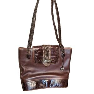 VTG Brighton Brown Leather Shoulder Bag  Croc-Embossed Accents & Braided Straps